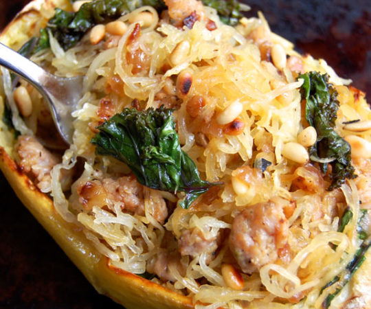 Sausage, Kale, and Spaghetti Squash Boats- this is such a soul satisfying dish! I make it every chance I get. So YUMMY!