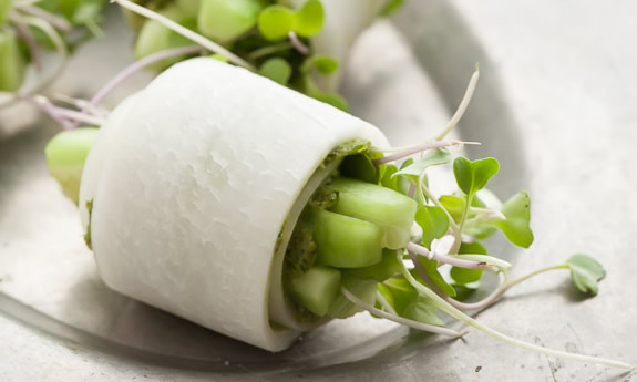 Daikon Rolls with Cilantro Pumkin Seed Pesto