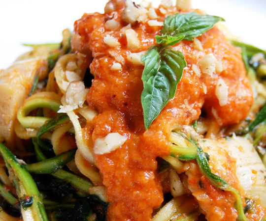 Roasted Red Pepper Pesto with Zucchini Noodles- I can’t get enough of this bold, low carb meal!
