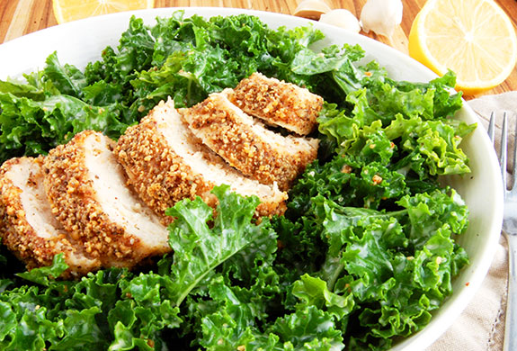 kale ceaser salad with almondcrustedchicken