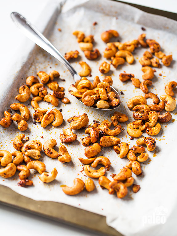 Spicy Roasted Cashews – the perfect high-protein snack on the go! Salty, sweet, smoky, tart, and savory! Yum!
