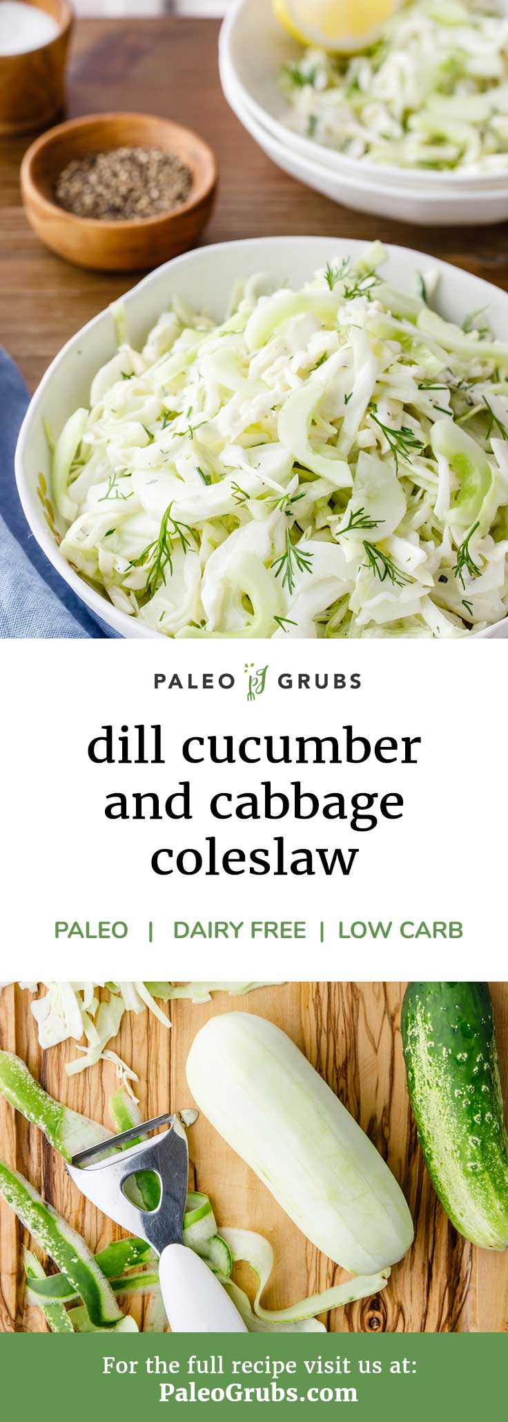 This cucumber and cabbage paleo cole slaw is creamy, crisp and yummy! One of my families paleo staples.