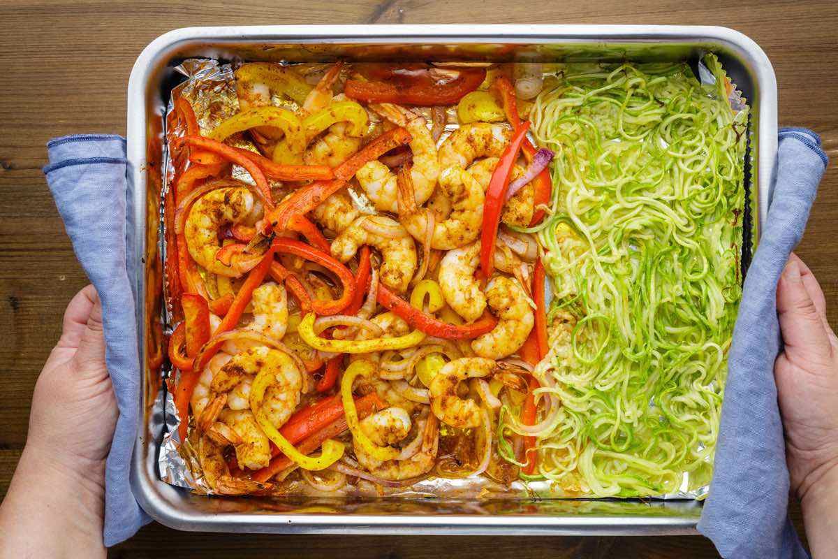 baking shrimp and zucchini noodles sheet pan