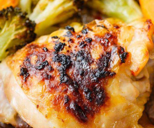 One Sheet Chicken Thighs with Sweet Potato and Broccoli