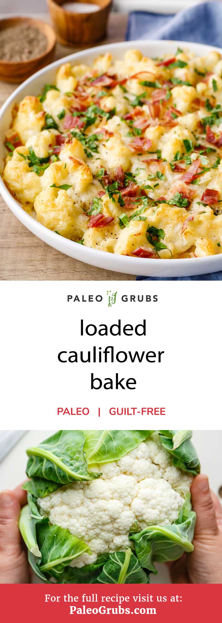 Who needs potatoes when you have cauliflower? This loaded cauliflower bake recipe is living proof of that. It makes a delicious casserole-like meal that (as the name implies) is loaded with healthy cauliflower florets tossed in a delicious sauce mixture of garlic, almond milk, arrowroot flour, and paleo approved mayonnaise. Think that sounds yummy? It gets even better with the topping - a sprinkling of fresh chopped parsley and bacon.