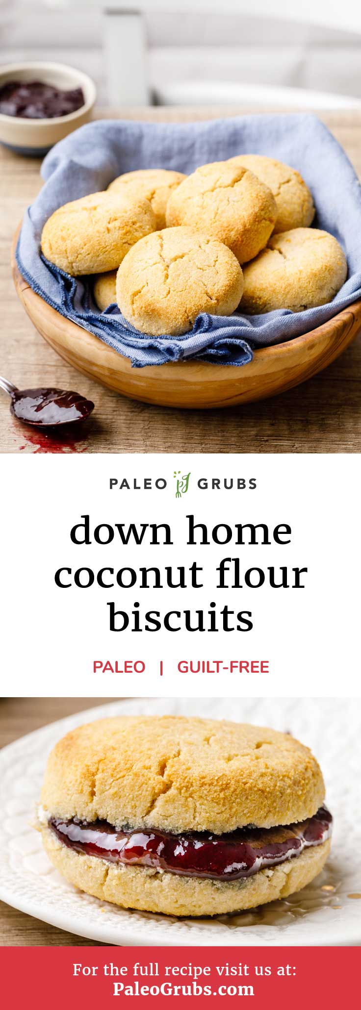 This recipe for down home coconut flour biscuits will surely bring back your fondest memories of growing up and visiting your relatives. Whether you enjoy your biscuits served with homemade gravy or topped with butter, I’m positive this recipe will become one of your new favorites. These biscuits are perfect as either an afternoon snack or as a complementary side with your favorite paleo dinner.