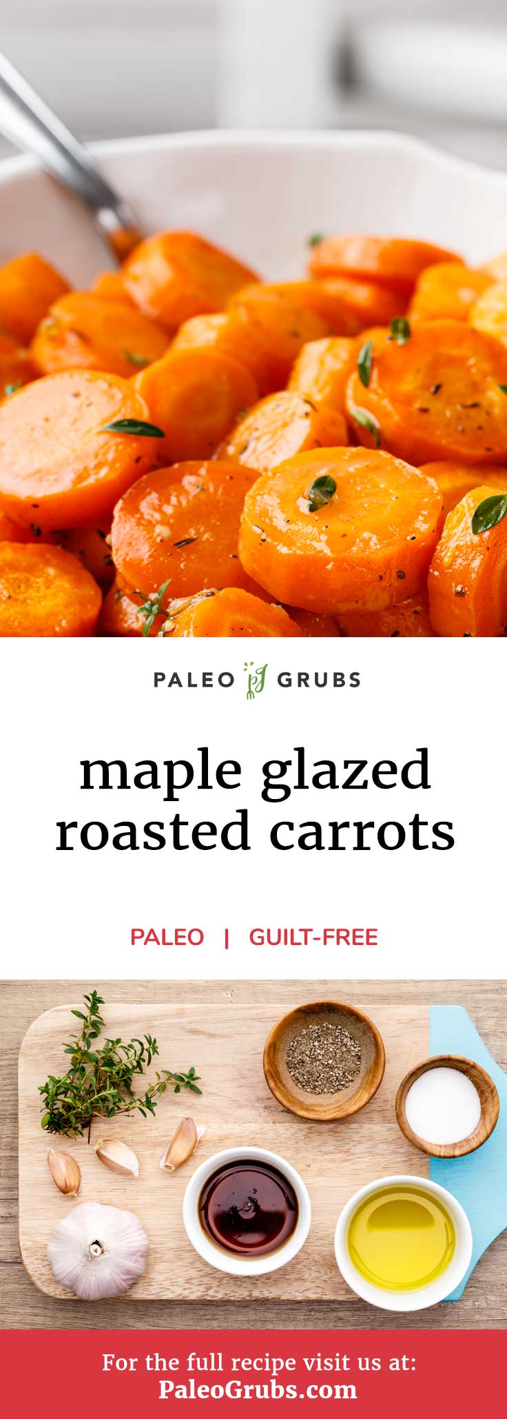 This recipe for maple glazed roasted carrots is every bit as delicious as it sounds! By adding garlic, thyme, and maple syrup to carrots that have been cut into ¼ inch thick rounds, along with just the right amount of olive oil, salt and pepper, the carrots become perhaps the ultimate healthy paleo snack. Ever since trying this out, I can’t get enough of it, and I’m confident that you’ll feel the same way.