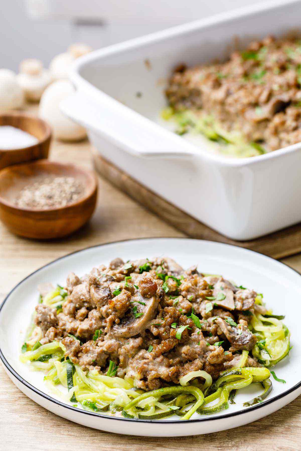 Zucchini Noodle Ground Beef Stroganoff Casserole