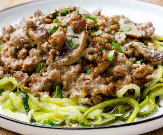 Zucchini Noodle Ground Beef Stroganoff Casserole